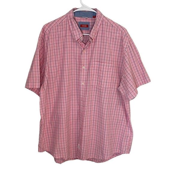 IZOD‎ Saltwater Button Front Short Sleeve Shirt Size XL Pink Plaid - Picture 1 of 6
